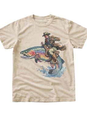 Gildan Cream Graphic Tee with Colorful Trout and Cowboy Rider